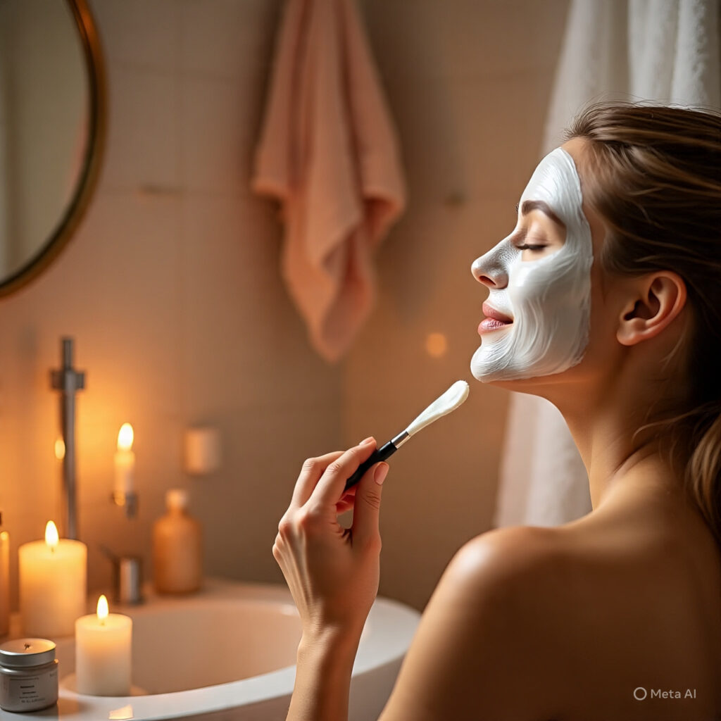 Pregnant woman applying natural skincare, pregnancy beauty routines trending in the USA