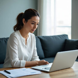 A smiling young woman checking her budget on a tablet while sitting outdoors in summer, representing smart summer budgeting tips in the USA.
