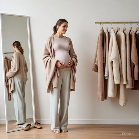 Pregnant woman wearing a minimalist maternity capsule wardrobe – trending fashion in the USA 2025