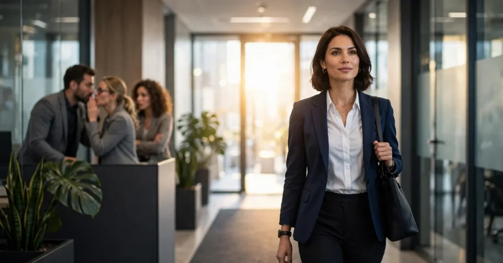 Workplace jealousy and professional rivalry affecting a competent woman’s career.